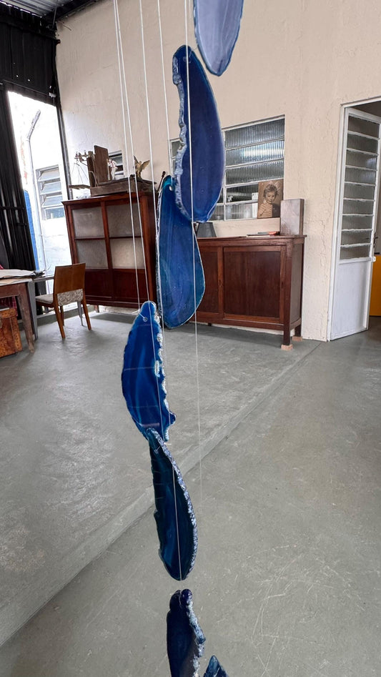 Sino dos Ventos com Fatias de Ágata Azul, Decoração de Jardim Boho de Cristal Natural