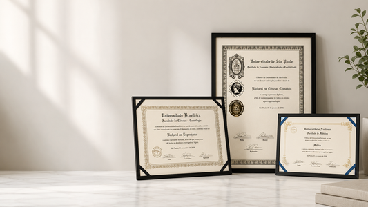 Diplomas em pergaminho natural emoldurados — Framed natural parchment diplomas | Cortume Runge