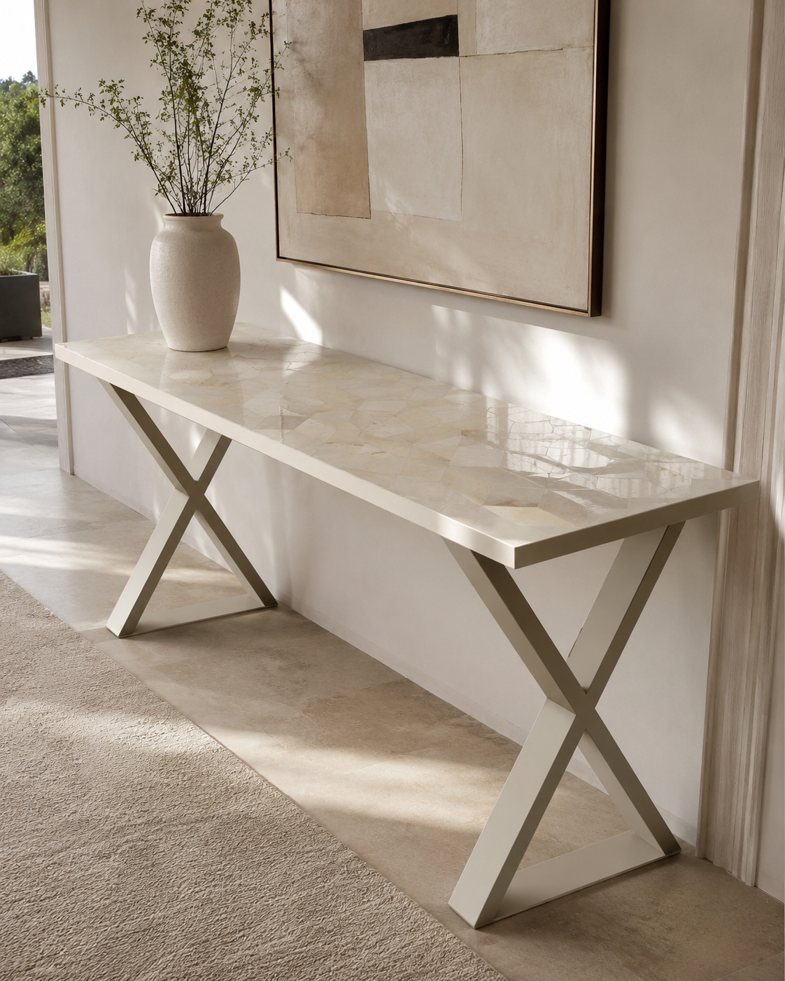 Luxury Parchment Console Table, Geometric Marquetry Entryway Table, Handmade Contemporary Sofa Table, Custom Designer Furniture
