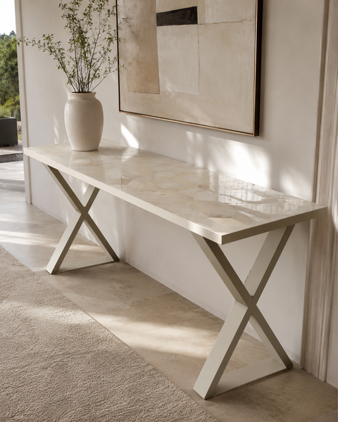 Luxury Parchment Console Table, Geometric Marquetry Entryway Table, Handmade Contemporary Sofa Table, Custom Designer Furniture