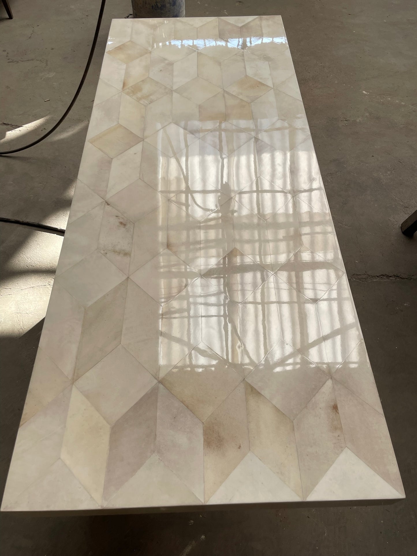 Luxury Parchment Console Table, Geometric Marquetry Entryway Table, Handmade Contemporary Sofa Table, Custom Designer Furniture