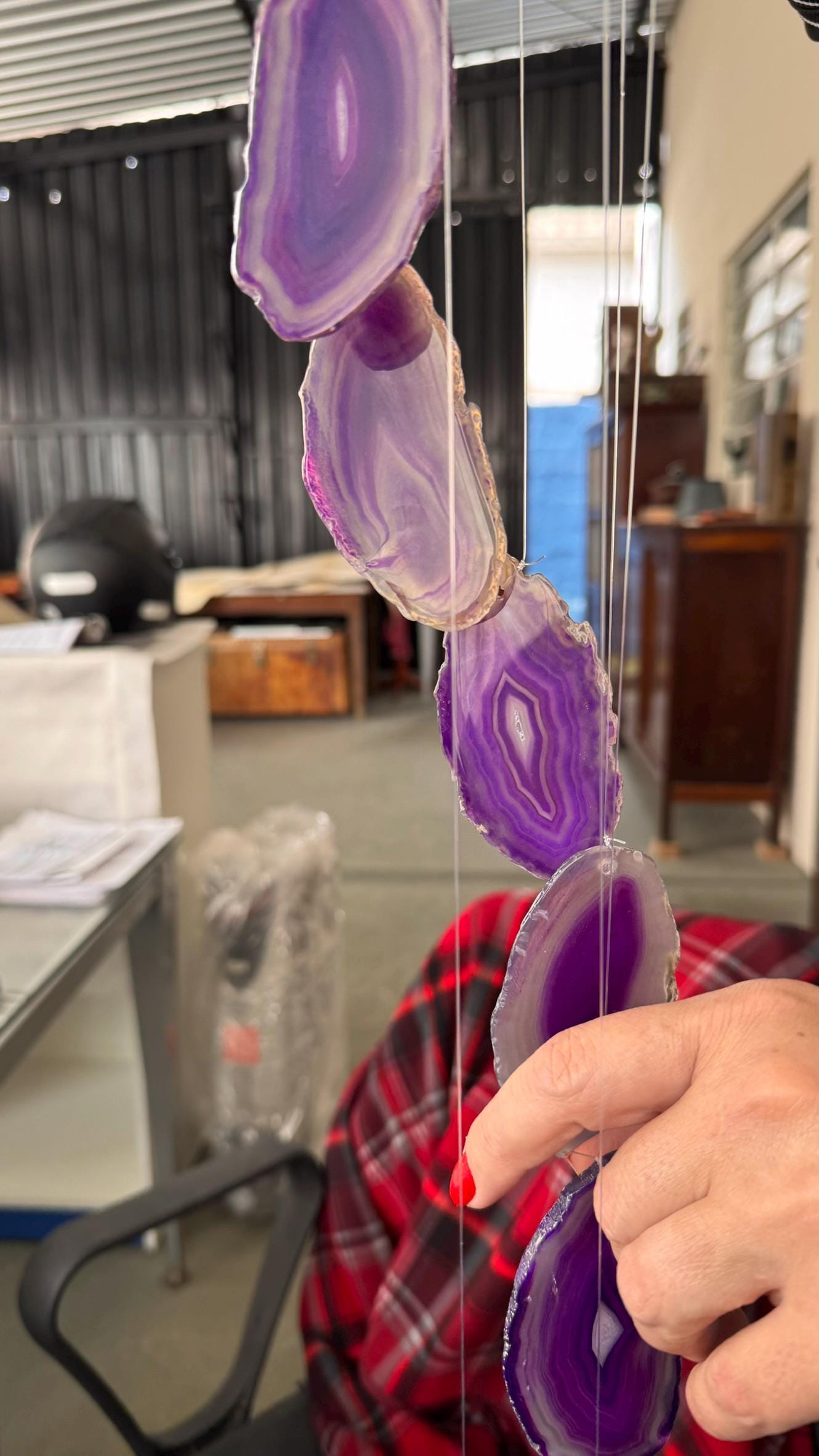 Violet Agate Wind Chime, Natural Crystal Slices, Boho Garden Decor