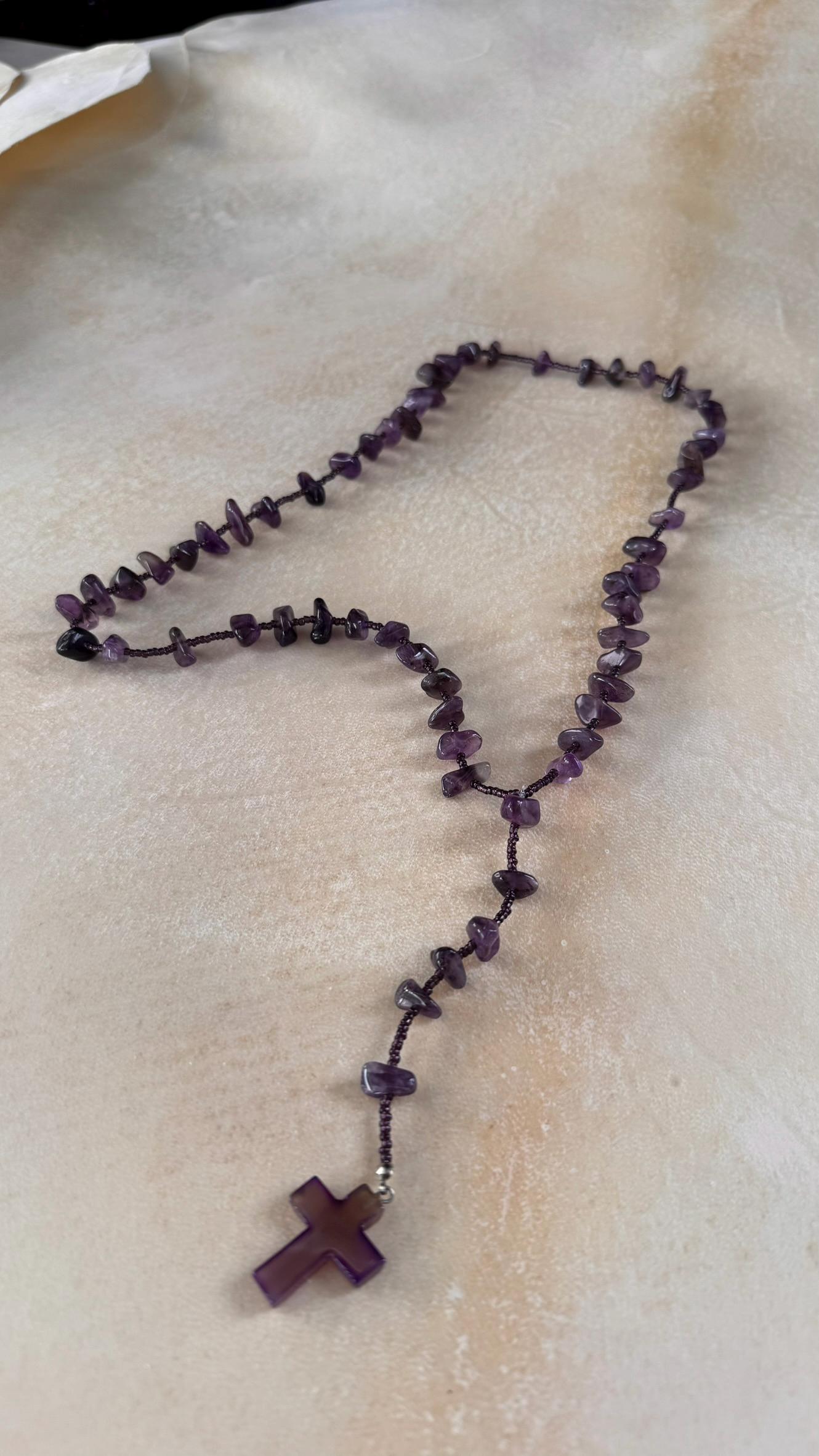 Natural Amethyst Rosary Necklace, Handmade Purple Crystal Prayer Beads