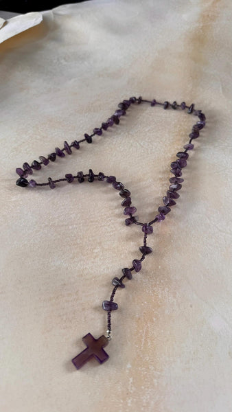 Natural Amethyst Rosary Necklace, Handmade Purple Crystal Prayer Beads