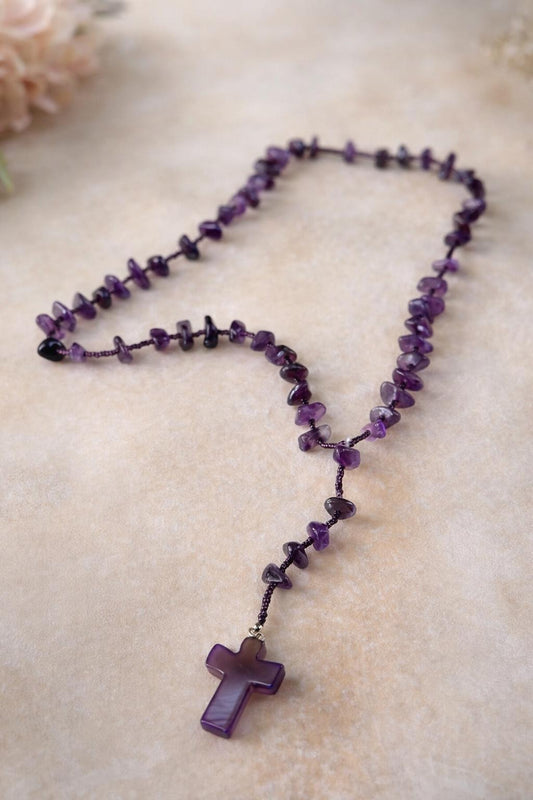 Natural Amethyst Rosary Necklace, Handmade Purple Crystal Prayer Beads