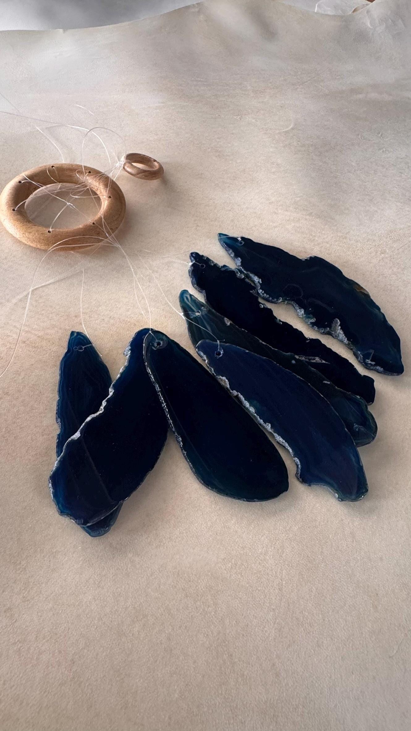 Blue Agate Slice Wind Chime, Natural Crystal Boho Garden Decor