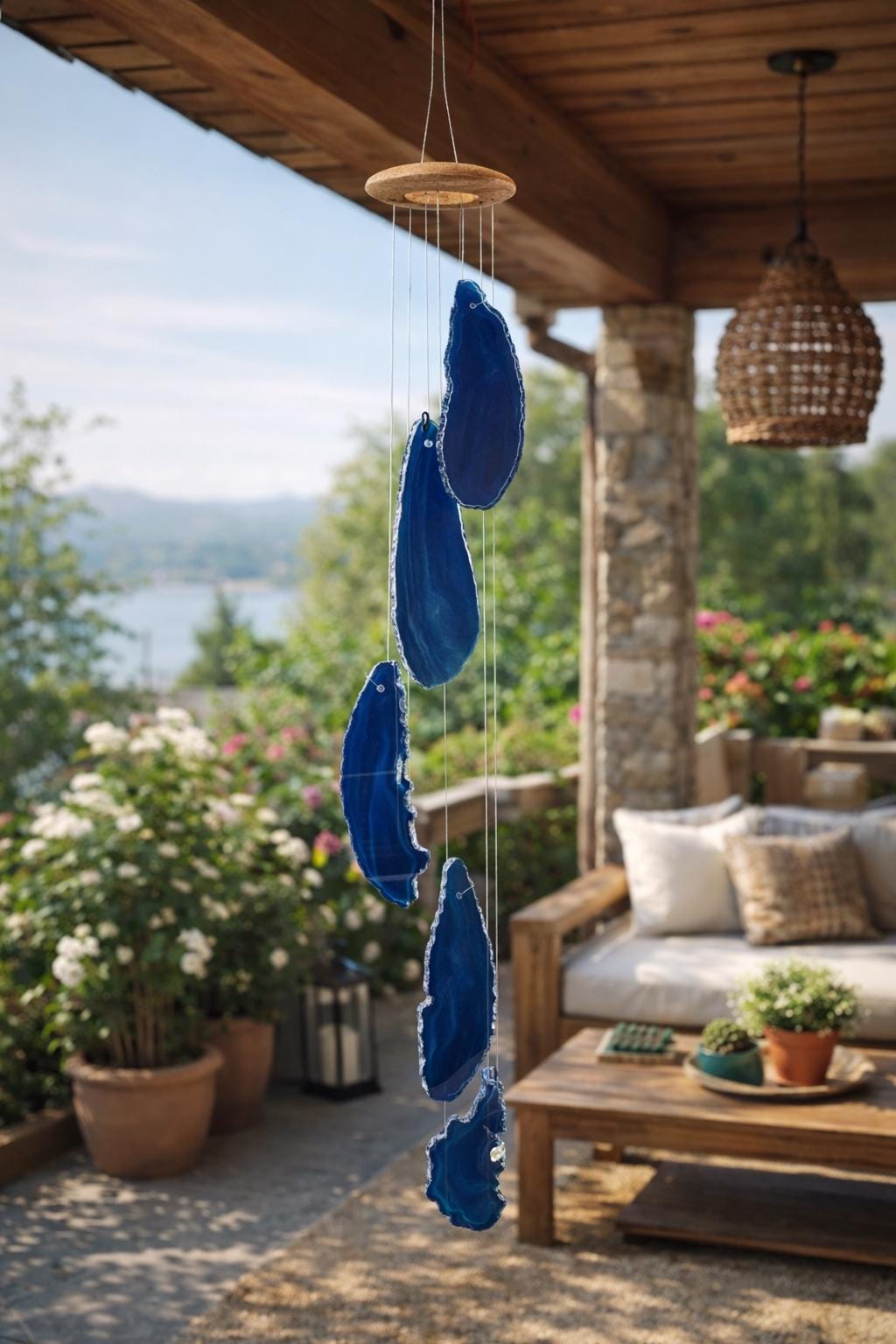 Blue Agate Slice Wind Chime, Natural Crystal Boho Garden Decor
