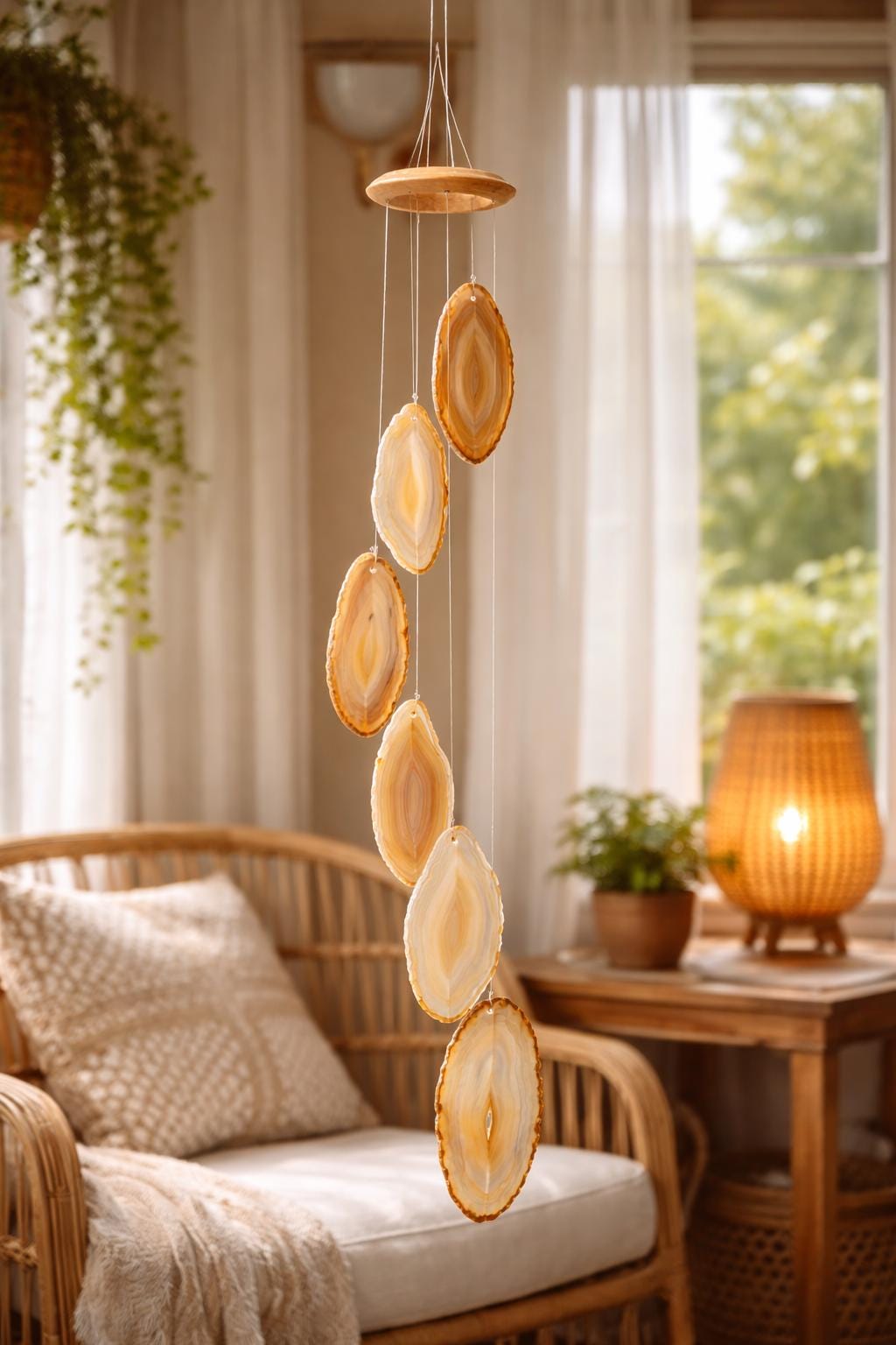 Large Agate Wind Chime, Natural Crystal Wind Chimes, Boho Garden Decor, Hanging Agate Slices, Outdoor Balcony Decor