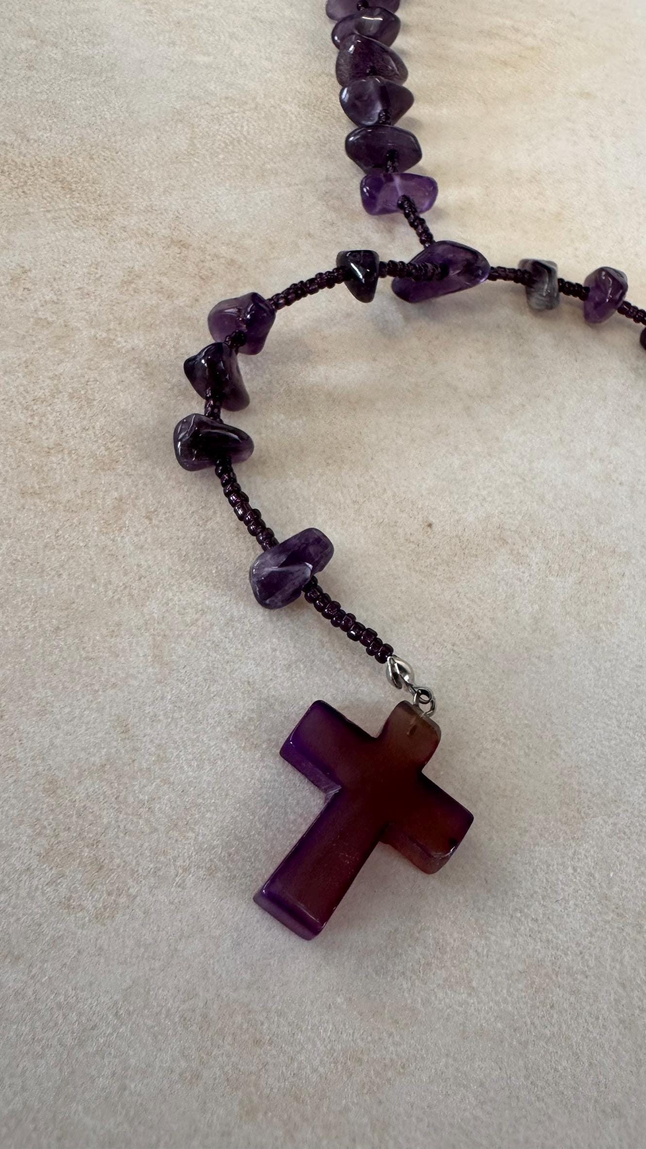 Natural Amethyst Rosary Necklace, Handmade Purple Crystal Prayer Beads
