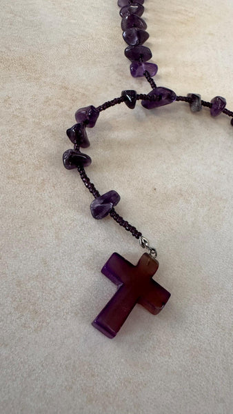 Natural Amethyst Rosary Necklace, Handmade Purple Crystal Prayer Beads